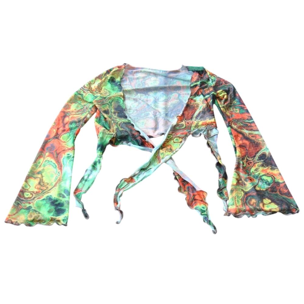 Split Sleeve Tie Front Asymmetrical Graphic Print  Crop Top X-Small